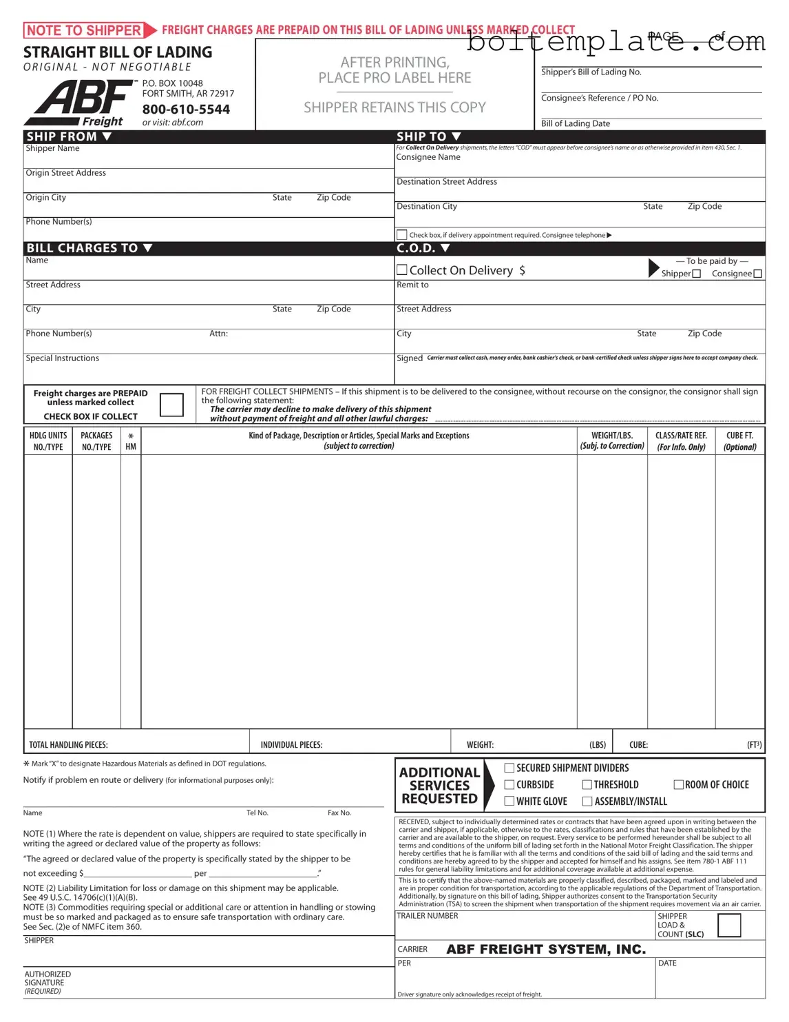 Abf Freight Bill Of Lading PDF Form