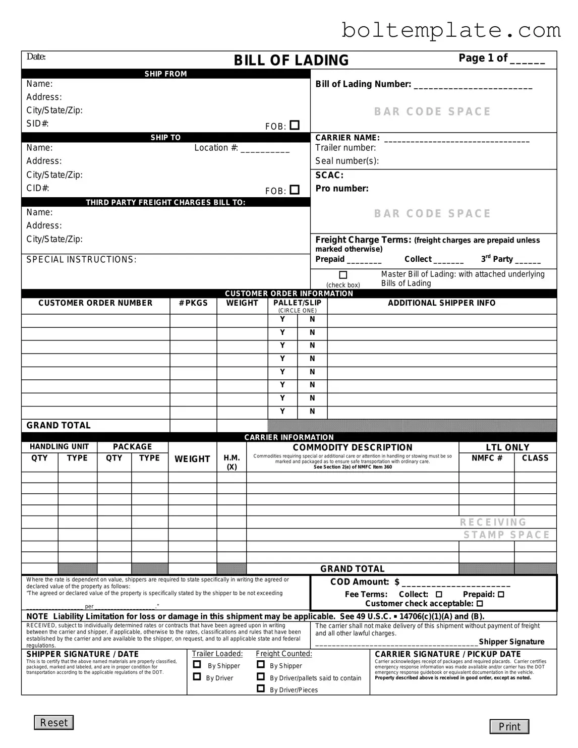 Bill Of Lading PDF Form
