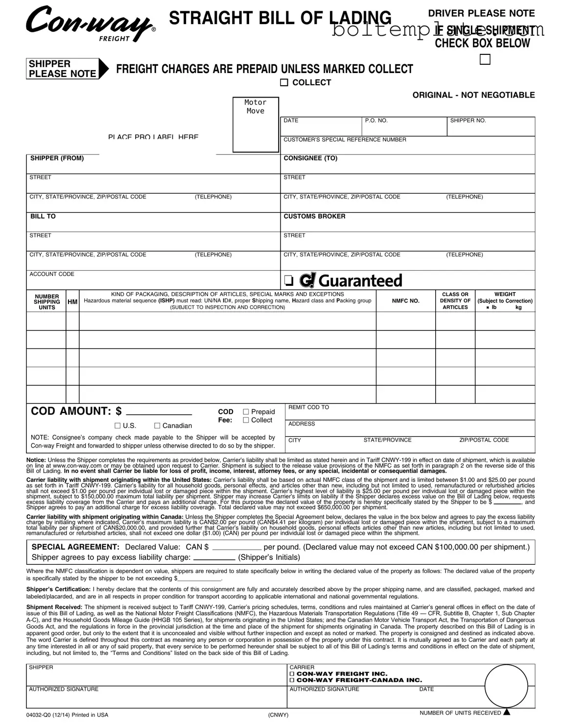 Con Way Bill Of Lading PDF Form