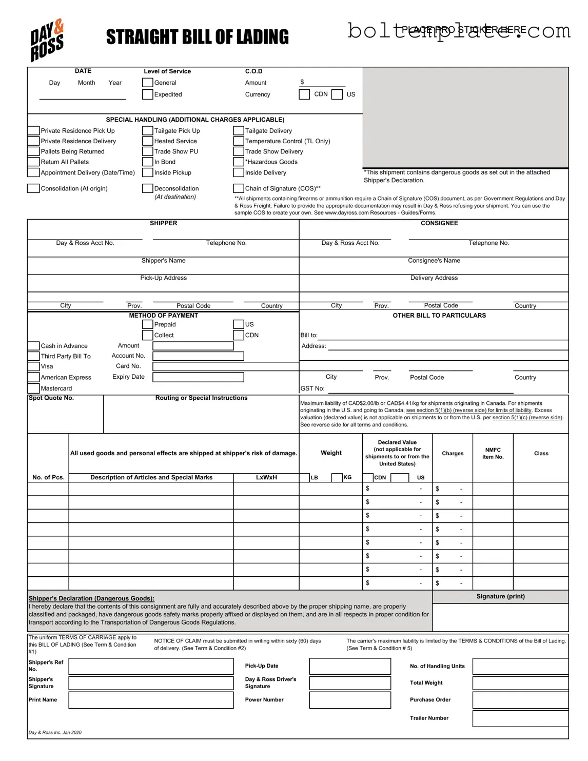 Day And Ross Bill Of Lading PDF Form