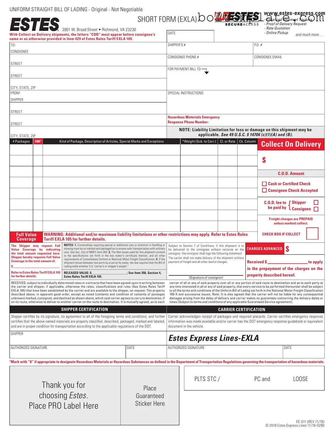 Estes Express Bill Of Lading PDF Form