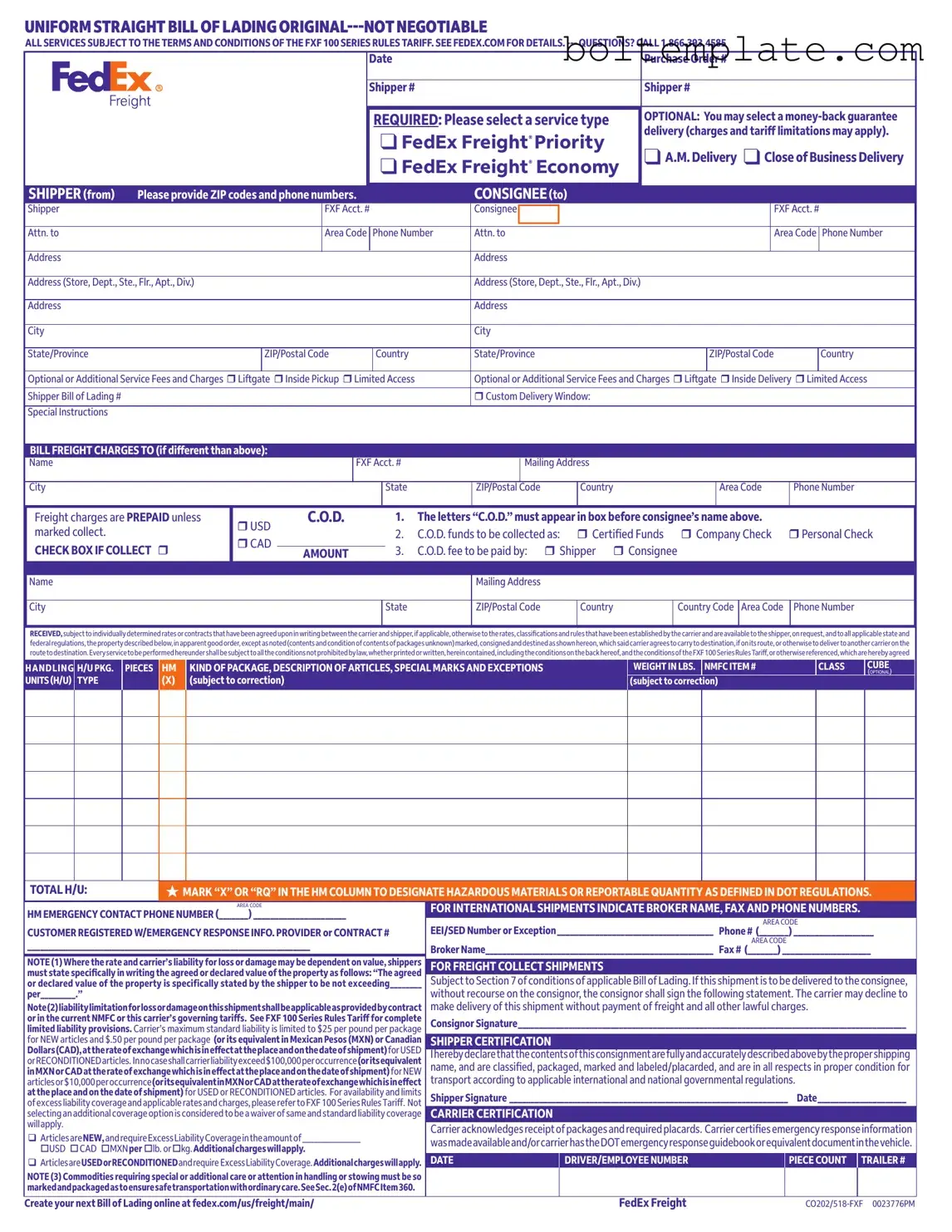 Fedex Bill Of Lading PDF Form