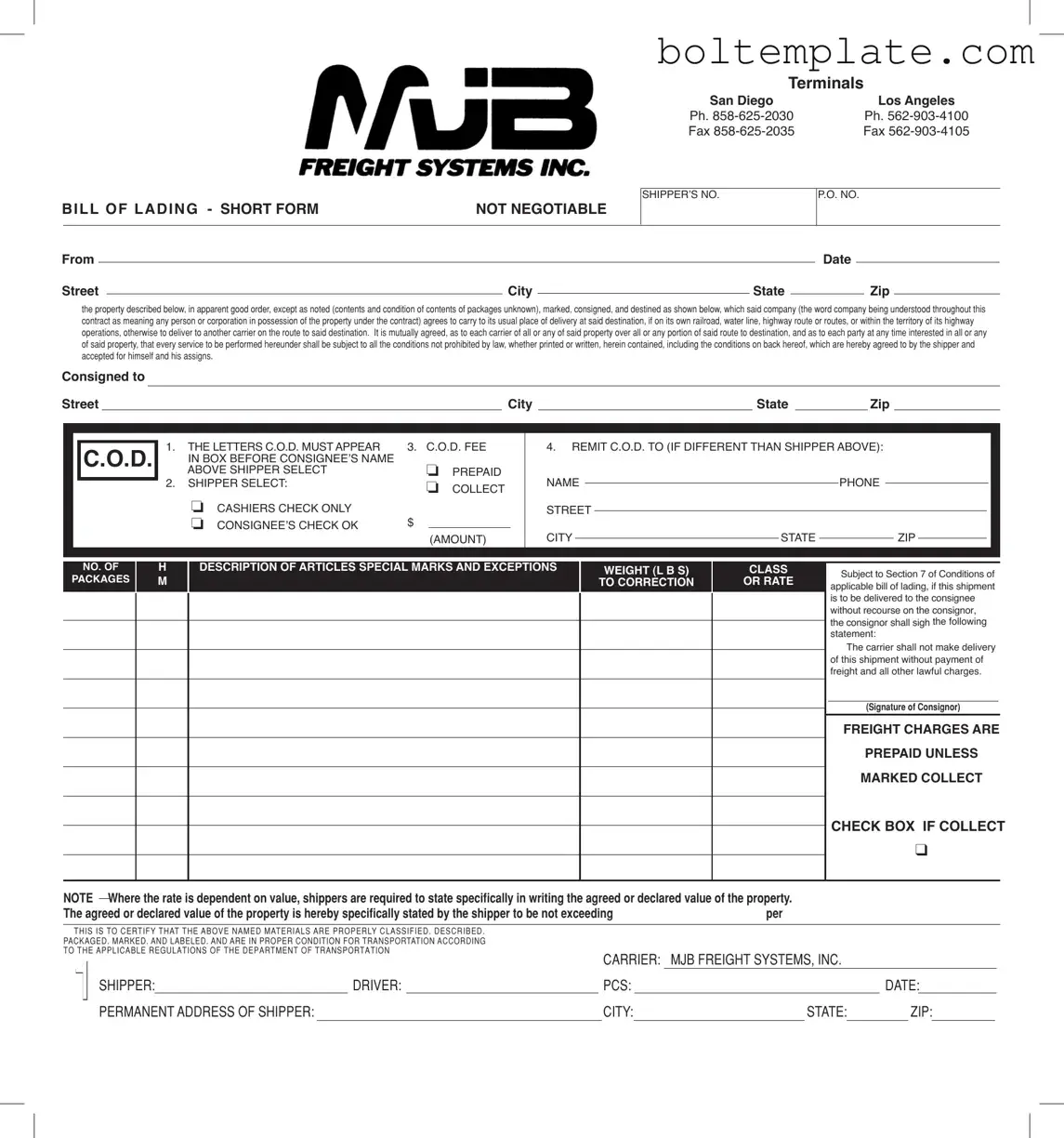 Mjb Bill Of Lading PDF Form