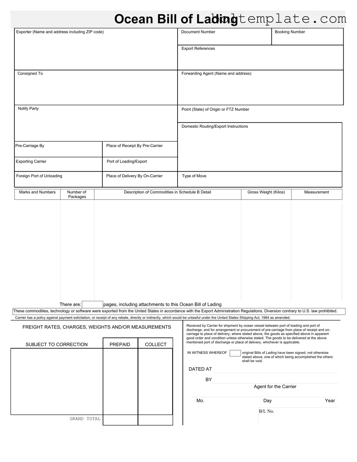 Sample Ocean Bill Of Lading PDF Form