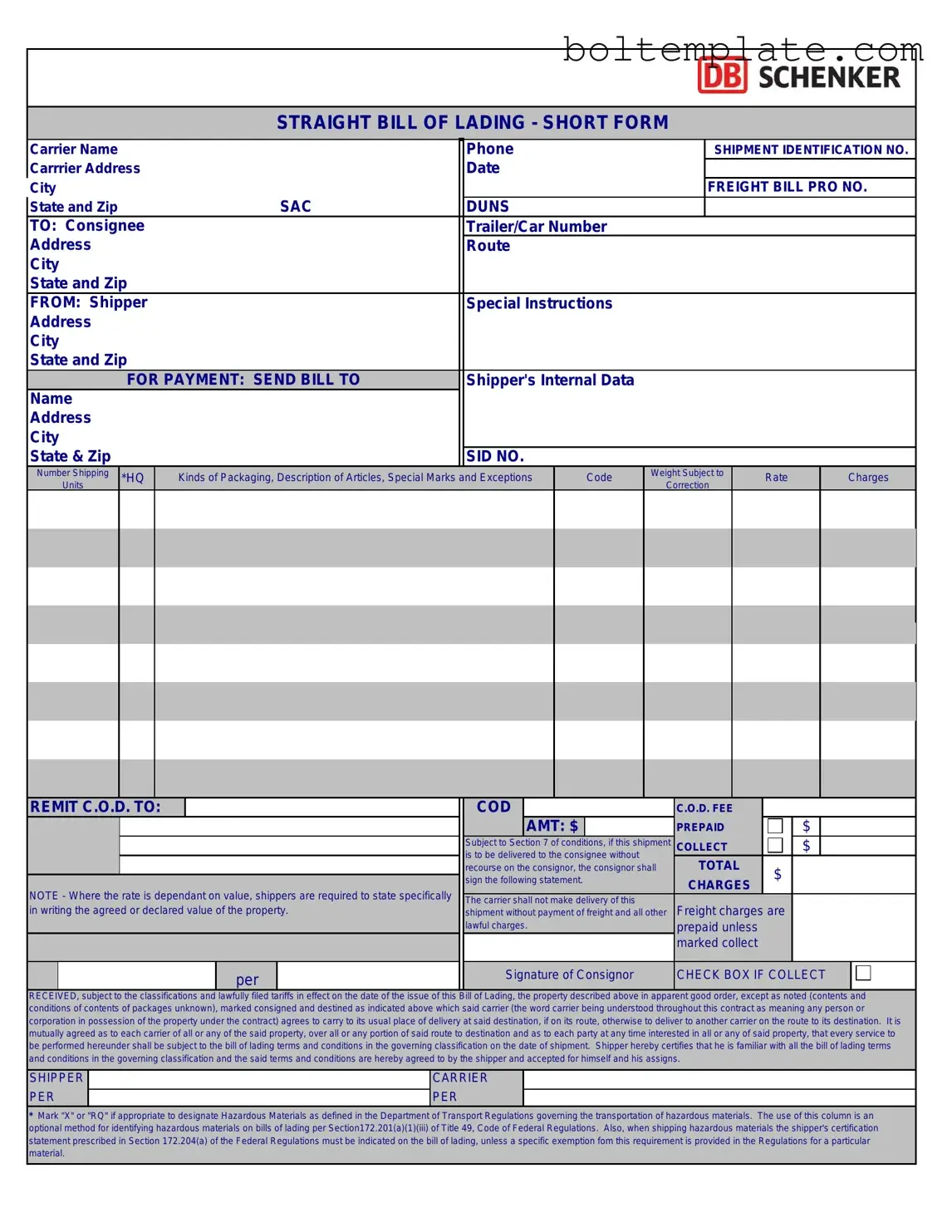 Straight Bill Of Lading PDF Form