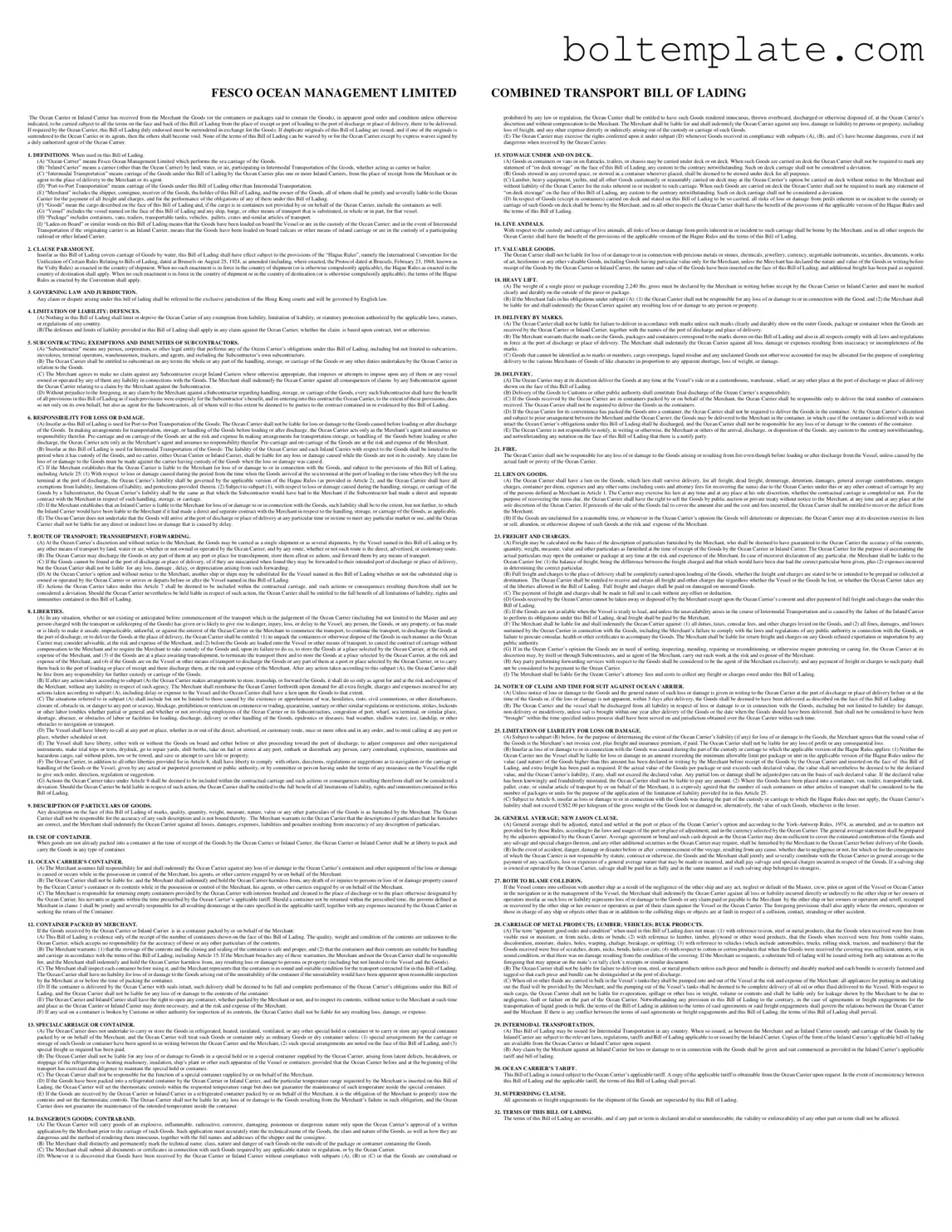 The Front And Back Of A Bill Of Lading PDF Form