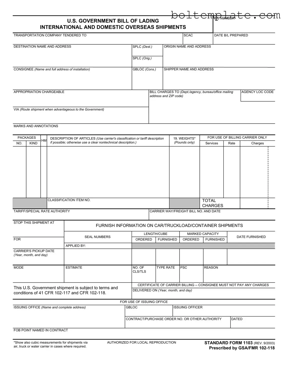 Us Bill Of Lading PDF Form