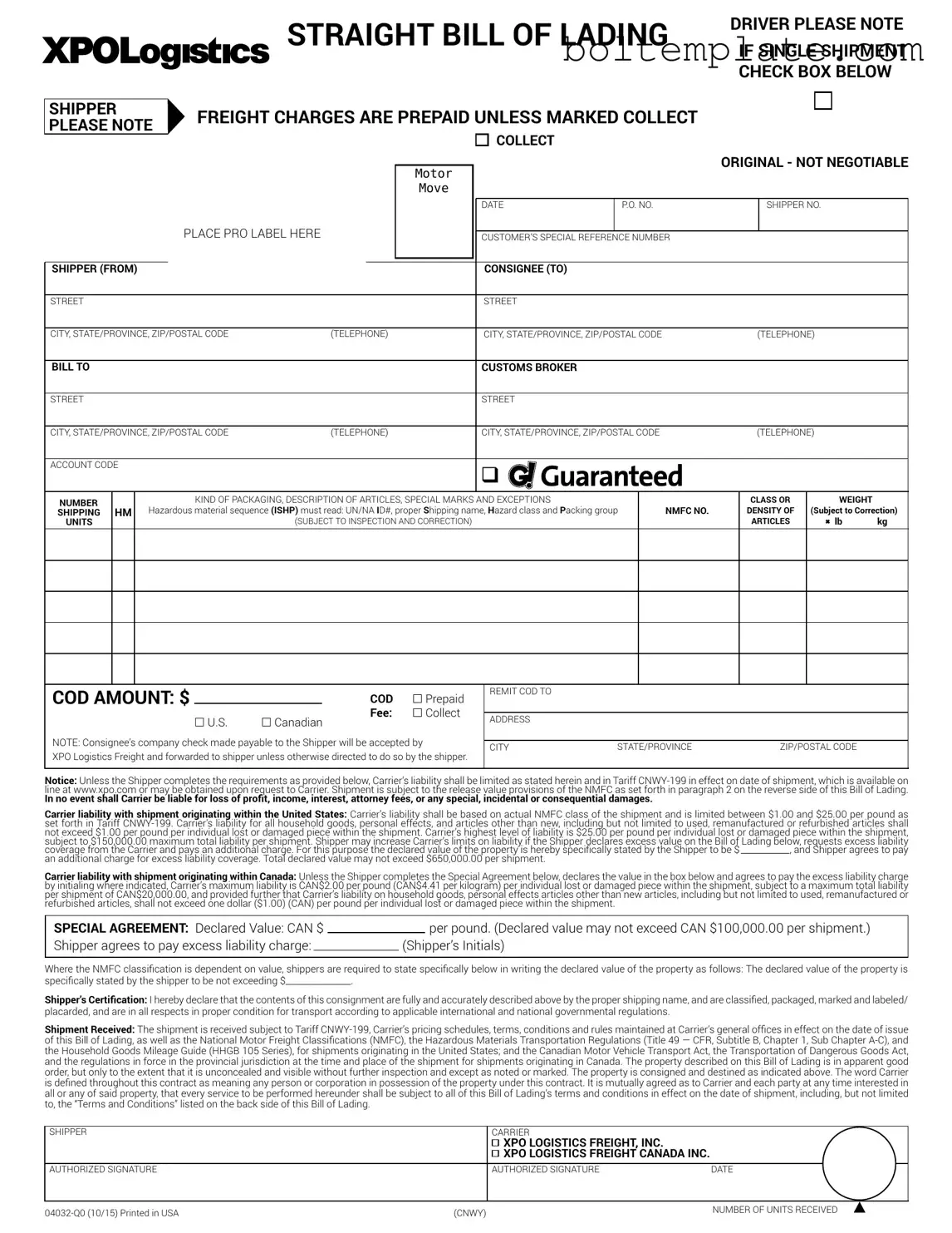 Xpo Logistics Bill Of Lading PDF Form